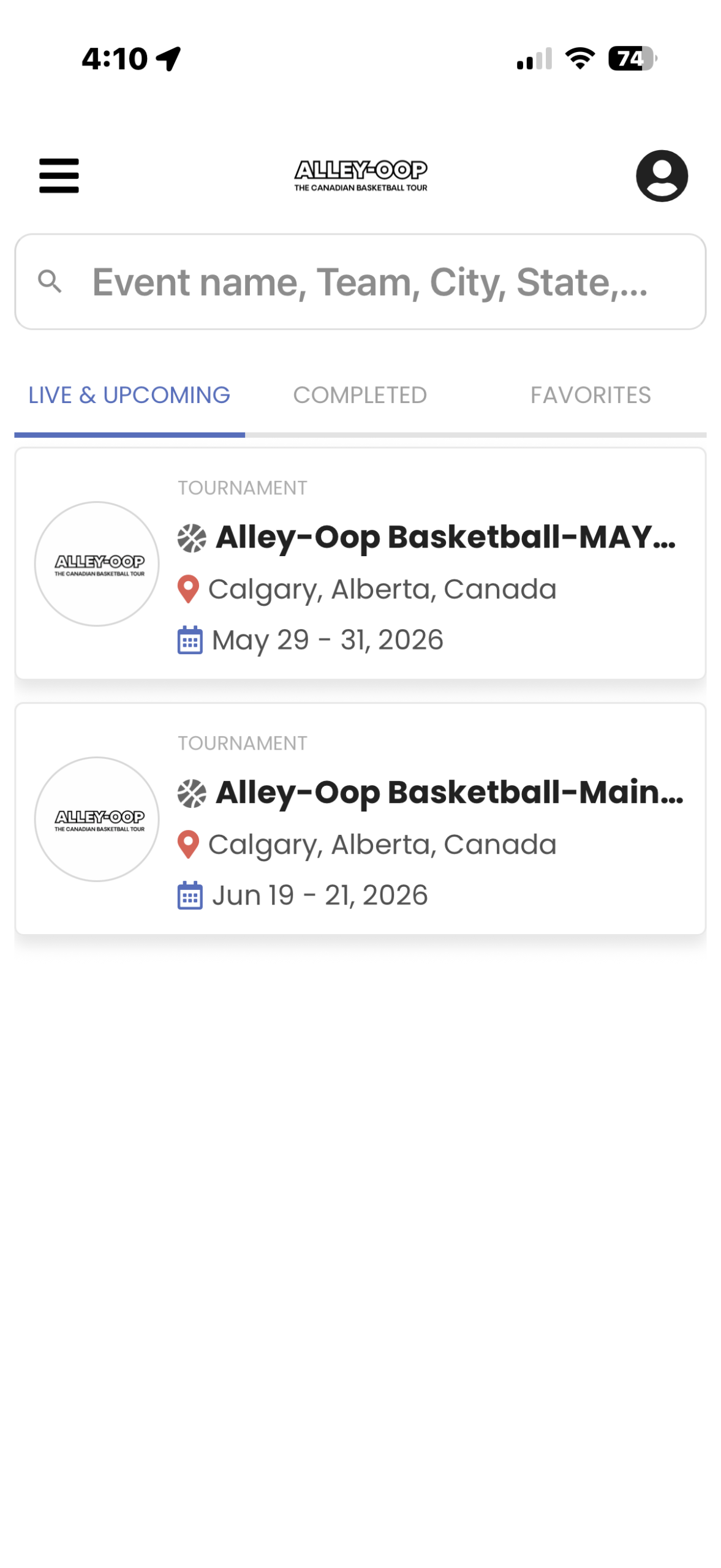Alley-Oop Basketball Canada app on iPhone